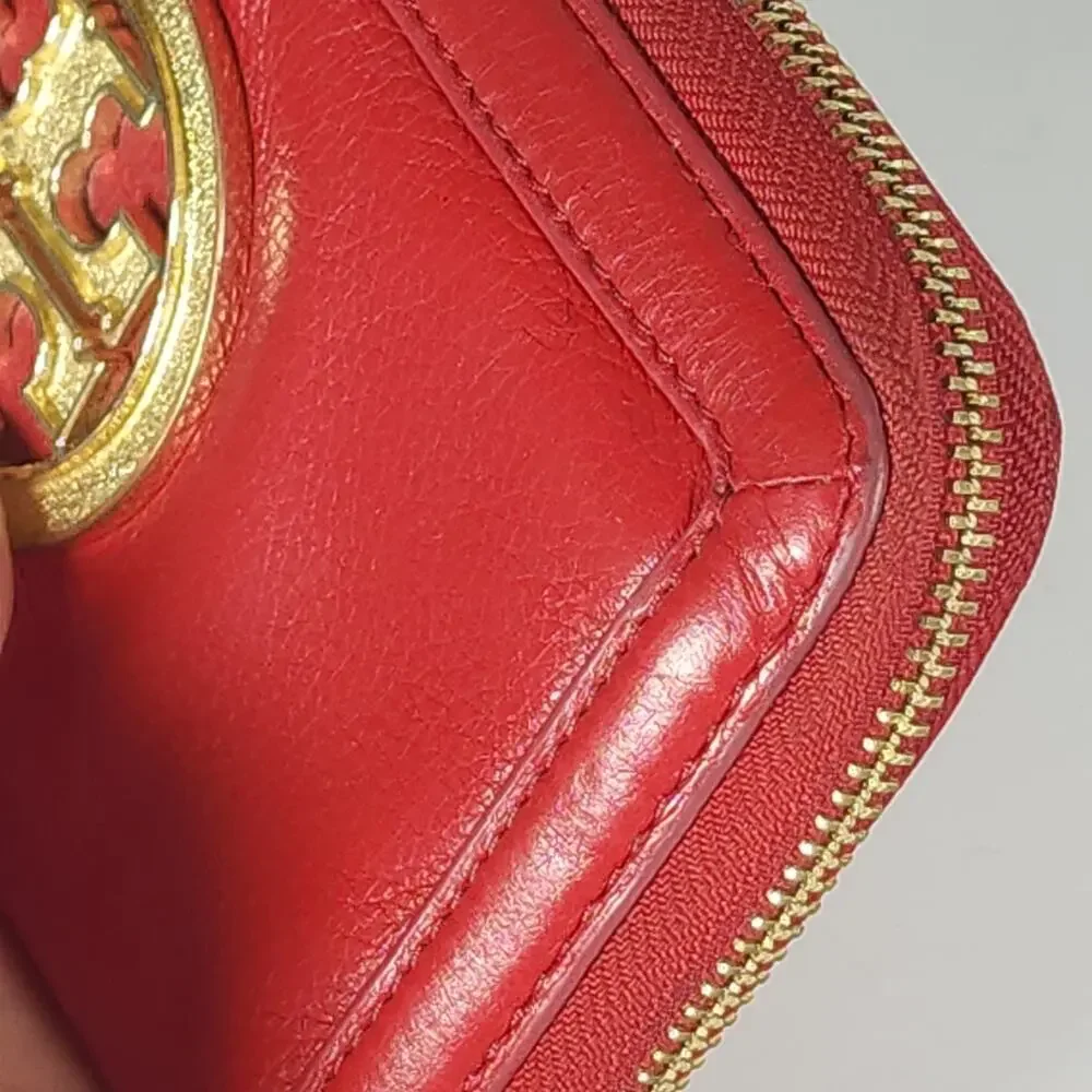 Tory Burch Amanda Red Pebbled Leather Gold Logo Zip Continental Wallet